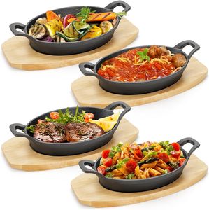 Enameled <b>Cast</b> Iron Oval Skillet with Wooden Serving Board Dual Handles Cooking <b>Pan</b> for Steak Fish - Product Image 1