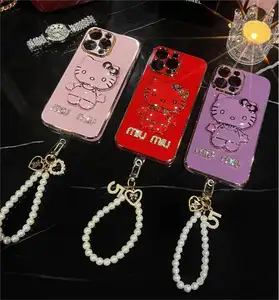 Popular with girls rhinestone Hello Cute Kitty 3D Cat Makeup Mirror with strap TPU Phone Case For iPhone 15 14 13 12 11 Pro max