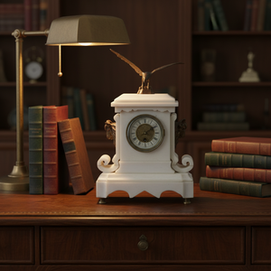 Réplique d'une horloge de table/à poser de style XVIIe siècle français, en laiton doré antique, avec figurine 'Aigle', à mouvement mécanique de 15 jours, sur marbre blanc vintage - Product Image 1