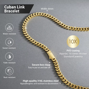 Bracelet pour homme en acier inoxydable plaqué or 14 carats, maillons cubains 8/5/3 mm, étanche et anti-ternissement, cadeau idéal - Product Image 4