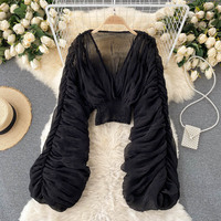 HANO Fashion Design Haut à manches bouffantes pour femmes Chemise en mousseline de soie pour vêtements Chemisier décontracté à col en V