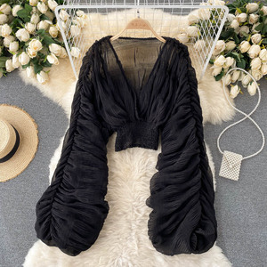 Hano Fashion Design Poff Mouw Top Vrouwen S Chiffon Shirt Voor Kleding Casual V Hals <span class=keywords><strong>Blouse</strong></span> - Product Image 5