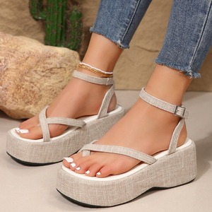 QuiteS 2024 Women's Casual Summer <strong>Platform</strong> Sandals Denim <strong>Wedge</strong> <strong>with</strong> Clip Toe and Muffin Thick Soled Roman Shoes - Product Image 3