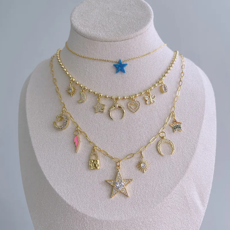 Luxurious Fashionable Variety Zircon Pendant Gold Plated Jewelry Natural Opal Blue Star Moon Necklace