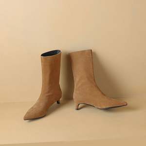 Bottes mi-<span class=keywords><strong>mollet</strong></span> en daim de vache vintage en gros d'usine pour femme, automne 2025, élégantes, bout pointu, habillées, talons moyens, bottes pour femmes, taille <span class=keywords><strong>42</strong></span> - Product Image 4