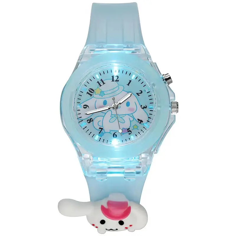 Luce colorata lampeggiante Sanrio orologio cartone animato in Silicone Cinamoroll Purin melodia Kuromi luminosi orologi per bambini