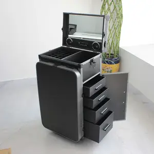 Professional Nail Makeup Portable Trolley Rolling Manicure Table Nail Desk Makeup Train Case With Table
