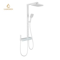 Ensemble de douche cascade nordique contemporain en acier inoxydable avec contrôle thermostatique en céramique, jets de massage corporel, barre coulissante et douche carrée