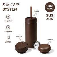 Système SIP 3-en-1, gobelet à café de 12 oz et 16 oz avec couvercle rabattable, double paroi isolée sous vide, tasse à café thermique, gobelet de voyage