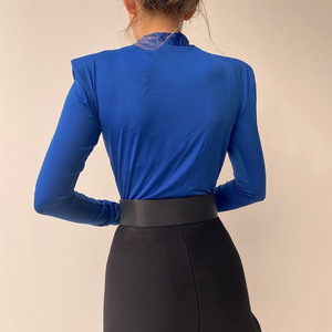 European American Style Women's V Neck Long Sleeve Bodysuit Solid Color Knitted Wrap <b>Tie</b> Blouse Everyday Wear FD9217 - Product Image 2