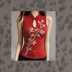Nuevo Estilo 2026: Blusas sin Mangas Rojas con Estampado para Mujer, Cuello Mandarín Retro, Escote con Abertura, Ajuste Delgado, Tejido de Punto con Botones Delanteros - Product Image 3
