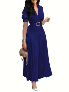 فساتين الصيف عارضة للنساء أنيقة فتحة رقبة V مطوي فساتين طويلة مكتب سيدة اللباس الرسمي مع حزام - Product Image 4