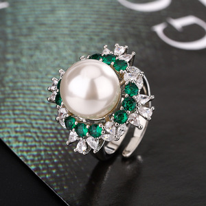 Ensemble de bijoux en perles florales et zircon émeraude, collier/boucles d'oreilles/bague en laiton de luxe pour femmes - Product Image 3