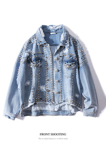 Rivets Personnalisés Grande Taille Vintage Femmes Bleu Denim Déchiré Jeans Crop Jackets - Product Image 3