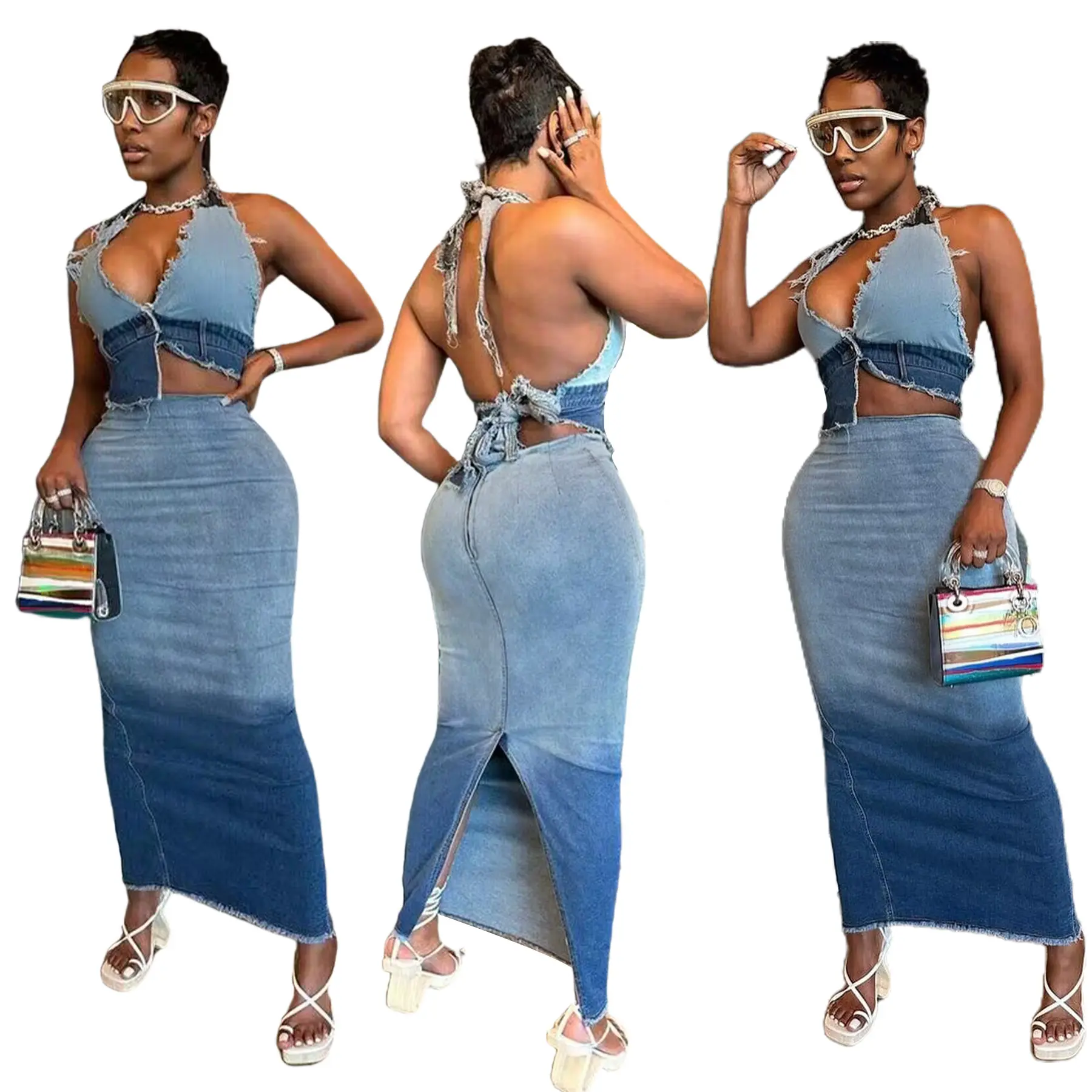 2024 Women Fall Chill 2 Pieces Skirt Set Bra Tops with Jeans for Women Skirt Suit Jean Long Jean Skirts for Ladies