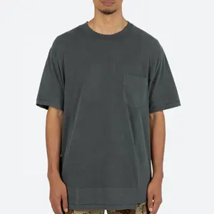 Unik polos pria ukuran besar organik Panel katun Streetwear Drop bahu kustom cetak bordir dicuci T Shirt dengan saku