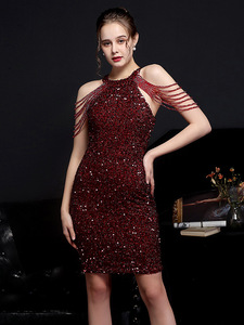 فستان نسائي طويل بتصميم نحيف مطرز بالخرز والخرز للحفلات فستان سهرة قصير للحفلات الراقصة - Product Image 3