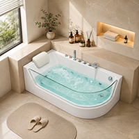Baignoire d'angle en acrylique sur mesure de 59 pouces avec panneau frontal en verre incurvé, hydrothérapie multi-jets et raccords chromés