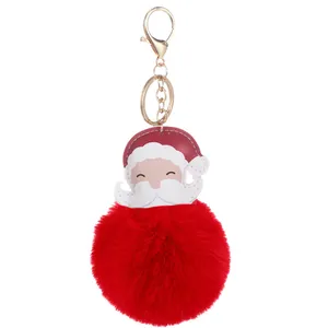 pom pom cute puffy bunny plush fluffy furball Santa Claus keychain pompons fur ball christmas key chains for girls bag charm