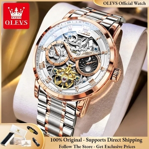 Drop Shipping OLEVS 6670 Men Watch Luxury Brand Skeleton Mechanical Watch Moon Phase Stainless Steel Watch For Man High Quality - Product Image 1