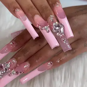 핑크 하트 프랑스어 팁 프레스 손톱 긴 관 3D 라인 석 전체 커버 아크릴 가짜 손톱