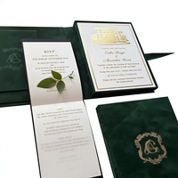 Coffret d'invitation de mariage en velours vert émeraude, estampé à chaud, avec monogramme personnalisé et ruban, cartes de mariage
