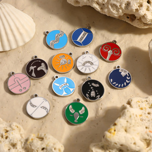 Breloques rondes personnalisées en gros avec logo, en acier inoxydable plaqué argent et émail, 12 signes du zodiaque, pour la fabrication de bijoux et bracelets DIY - Product Image 1