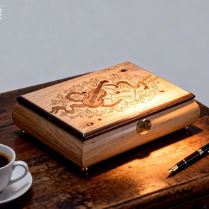 Scatola Portagioie Vintage in Legno a Forma di Violino Inciso - Custodia di Lusso Rivestita in Velluto Beige con Serratura (Ingrosso/OEM) - Product Image 2