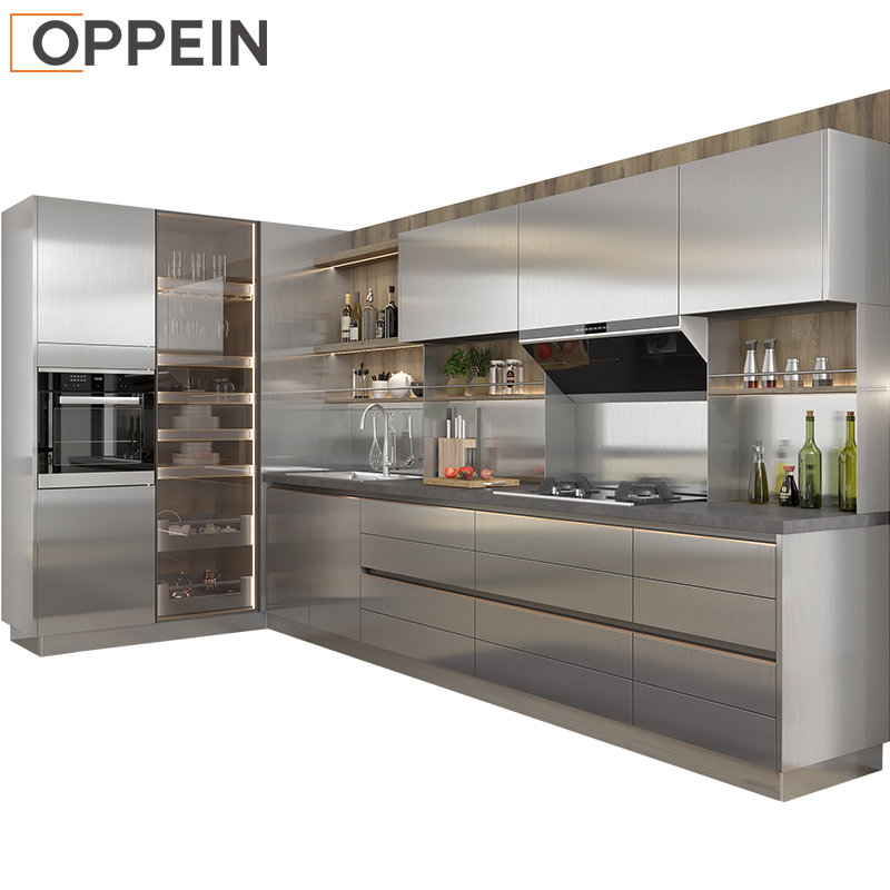 OPPEIN Kabinet Dapur Dalam Ruangan, Lemari Dapur Dalam Ruangan Modern Gloss Bentuk L Warna Abu-abu