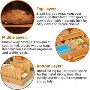 Boîte à pain en bambou avec tiroir de rangement, 3 niveaux, couleur naturelle, organisateur alimentaire de cuisine - Product Image 4