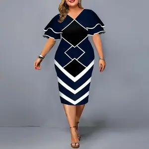 hot sales new digital printed full size matching sleeves fall summer bodycon formal casual plus size women's dresses for fat