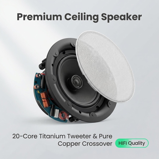 OEM 5" Ceiling Mount 2.0 Channel Speaker 25W RMS 8 Ohms-1" Dome Tweeter + Powder-Coated Grill (Custom Logo Accepted) Full-Range