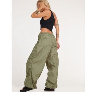 Pantalon cargo vert olive à taille basse avec cordon de serrage pour femme, pantalon de survêtement ample, pantalon coupe-vent en nylon, pantalon <span class=keywords><strong>parachute</strong></span> - Product Image 2