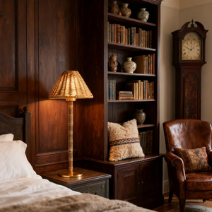 Bamboo Desk Lamp Beige Cane Shade Drum Shape Rustic Style LED <b>Light</b> Source Bedroom Use - Product Image 1