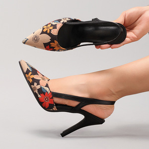 Floral Print High Heel Sandals Women Pointed Toe Backless Shoes With Artistic Design for Party and Daily Wear - Product Image 1