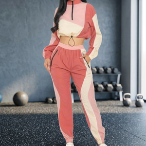 <b>Women</b> Color Blocking Tracksuit Full Sleeve Half-<b>Zip</b> Crop <b>Top</b> With Drawstring Pants Loose Fit Casual Spring Wear - Product Image 1