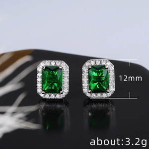 Stud <b>Earrings</b> Women's Square Geometric <b>Green</b> Zircon Diamond Encrusted Bezel Setting Everyday Wear - Product Image 4
