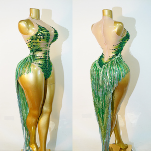 Justaucorps vert émeraude à franges de strass, style déesse amazonienne tropicale, pour artiste de scène, diva, drag queen, tenue de danse exotique - Product Image 5