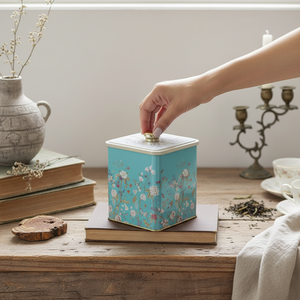 Kontensan ER0239F 1.8L <b>Floral</b> Design Pastel Blue Metal Square <b>Box</b> Knob Handle 120x120x137mm Recyclable Tin Containers Beverages - Product Image 3