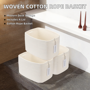 Panier de rangement rectangulaire moderne en corde de coton tressée avec couvercle pour articles divers de bureau - Product Image 2