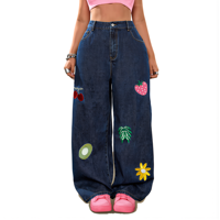 Plus Size High Waist 300GSM Zuiver Katoen Ademend Gewassen Wijde Pijpen Dames Jeans, Bloemen & Fruit Borduurwerk Losse Casual Veelzijdige