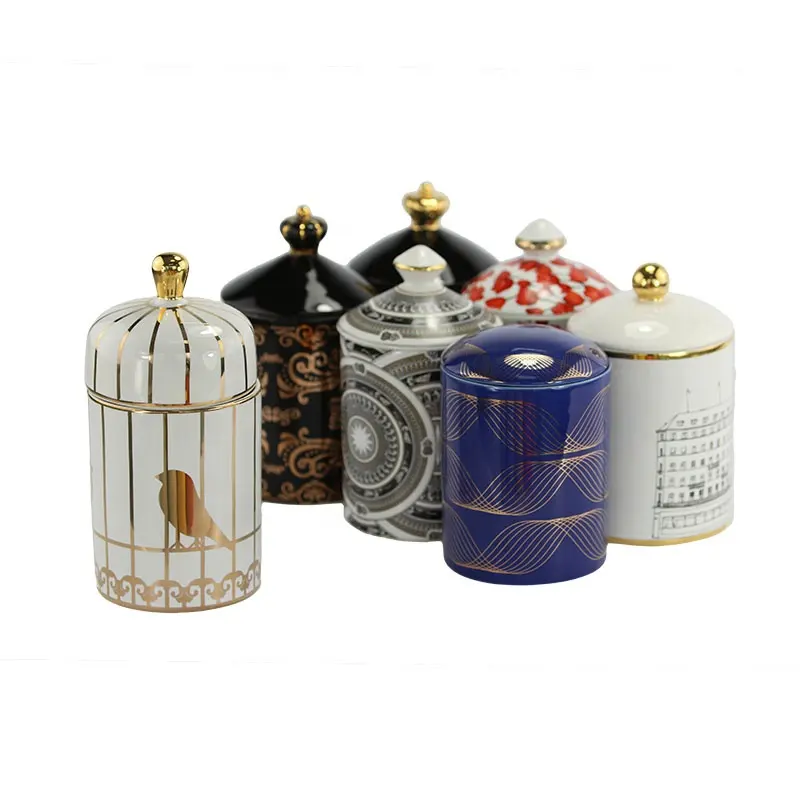 Luxus Keramik Kerzen behälter Schüssel Kerzen gefäß halter leer Einzigartige Duft kerzen gläser leer mit benutzer definierten Gold deckeln Geschenk box
