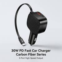 Cargador de Coche con Cable Retráctil Mini, 30W PD Tipo-C, Cable Integrado, Puerto USB-A QC, Adaptador de Corriente para Coche de Carga Rápida, Venta al Por Mayor