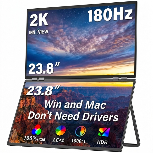 Innoview 23.8 Inch 2K Dual Portable Monitor QHD 180Hz Foldable Display for Laptop Mac Windows Smartphone Tablet Gaming Monitor