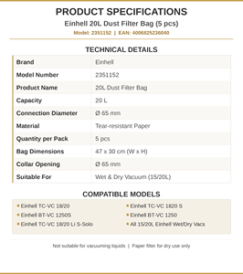 <span class=keywords><strong>Bolsa</strong></span> de Papel <span class=keywords><strong>Desechable</strong></span> para <span class=keywords><strong>Aspiradora</strong></span> en Seco y Húmedo Parkside PWD 25, 20L, <span class=keywords><strong>Bolsa</strong></span> de Filtro de Repuesto Comercial - Product Image 3