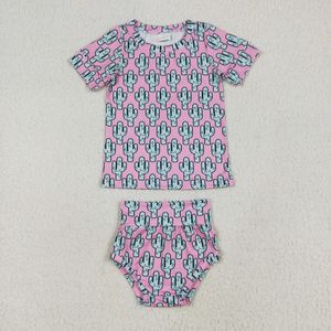 Conjunto Casual de Dos Piezas para Niñas, Estampado de Cactus Rosa, Primavera-Verano - Product Image 1