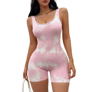 Custom Ribbed <b>Tie</b>-Dyed Yoga Jumpsuit Hollow Back V-Waist One-Piece Playsuits Workout Running Push-up Sports Fitness Bodysuits - Product Image 3