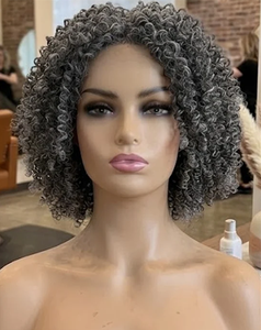Perruque courte <span class=keywords><strong>bob</strong></span> 150% gris poivre et sel en cheveux humains, perruque afro bouclée crépue, sans décoloration, gris naturel, sans colle, prête à porter pour femmes - Product Image 4