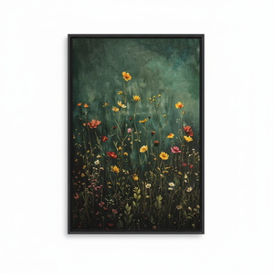 Impression sur toile de fleurs sauvages vintage : art mural botanique floral vert foncé, toile encadrée noire - Product Image 2