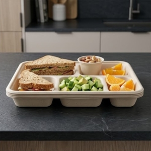 Assiette en bagasse écologique à 5 compartiments, barquette alimentaire jetable durable, compostable, compatible micro-ondes, sans plastique, pour la rentrée scolaire - Product Image 5